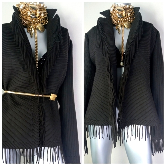 Company Ellen Tracy Open Front Fringe Chocolate Striped Cotton Blend Jacket - Picture 3 of 13